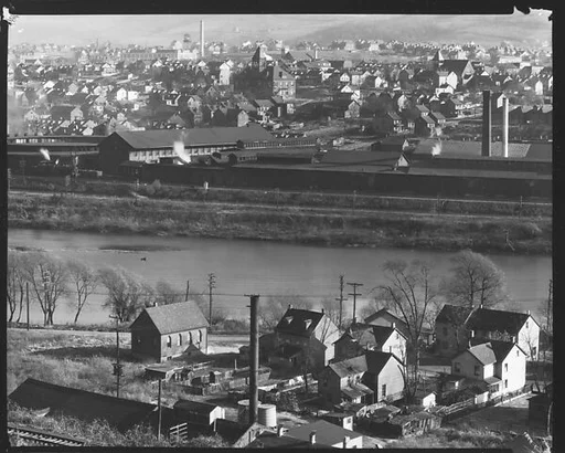 [View of Houses and Factory Buildings on Lehigh River, From Elevated Position, Easton, Pennsylvania]