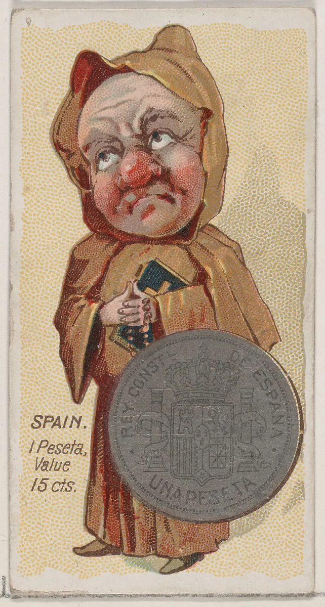 Caricatured Spaniard, 1 Peseta, from the series Coins of All Nations (N72, variation 2) for Duke brand cigarettes — W. Duke, Sons & Co.