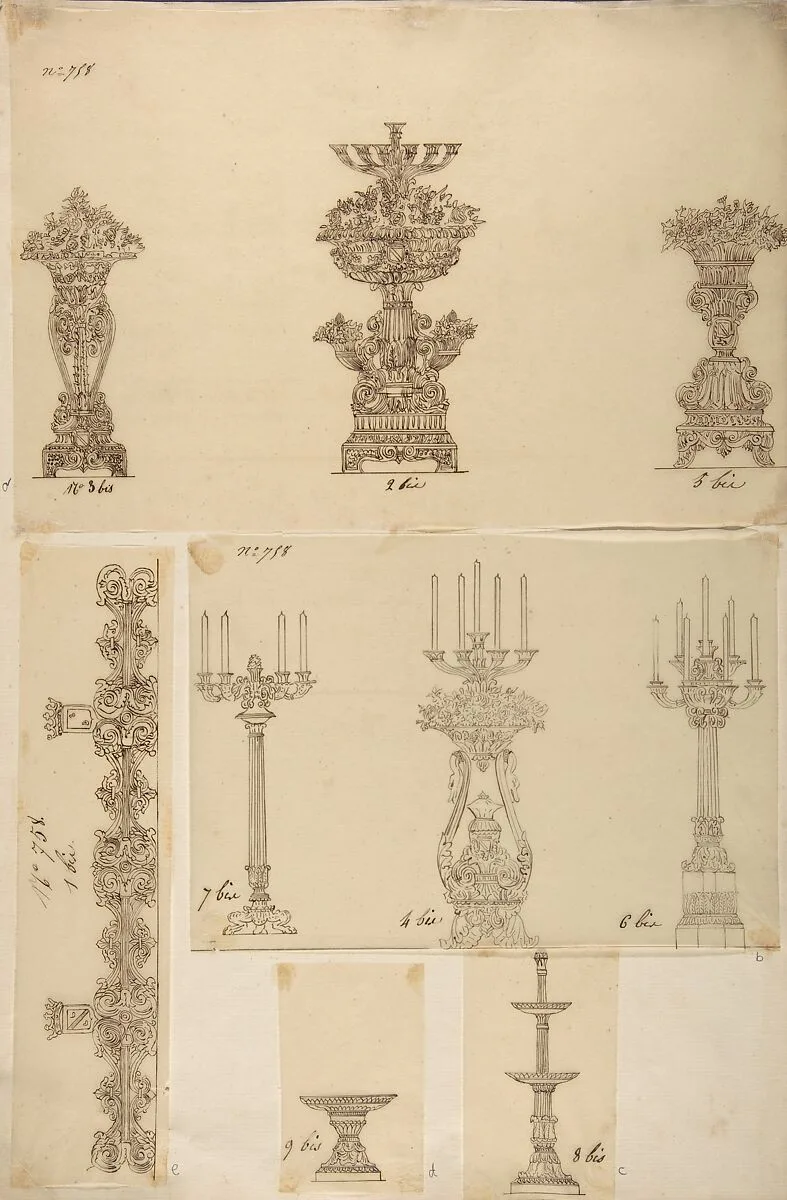 Designs for Three Planters, Three Candelabras, a Dish and a Serving Tray — Anonymous, French, 19th century