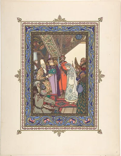 Illustration for "Snegurochka" [Snegurochka before Tsar Berendei]