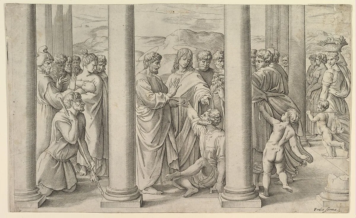 St. Peter and St. John healing the lame man at the gate of the temple — Battista Franco|Raphael (Raffaello Sanzio or Santi)