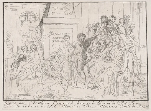Classical scene of figures gathered around an orator at right (possibly related to healing the lame)