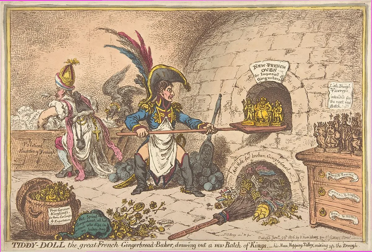 Tiddy-Doll, the Great French-Gingerbread-Baker; Drawing Out a New Batch of Kings, His Man Hopping Talley, Mixing Up the Dough — James Gillray|Hannah Humphrey