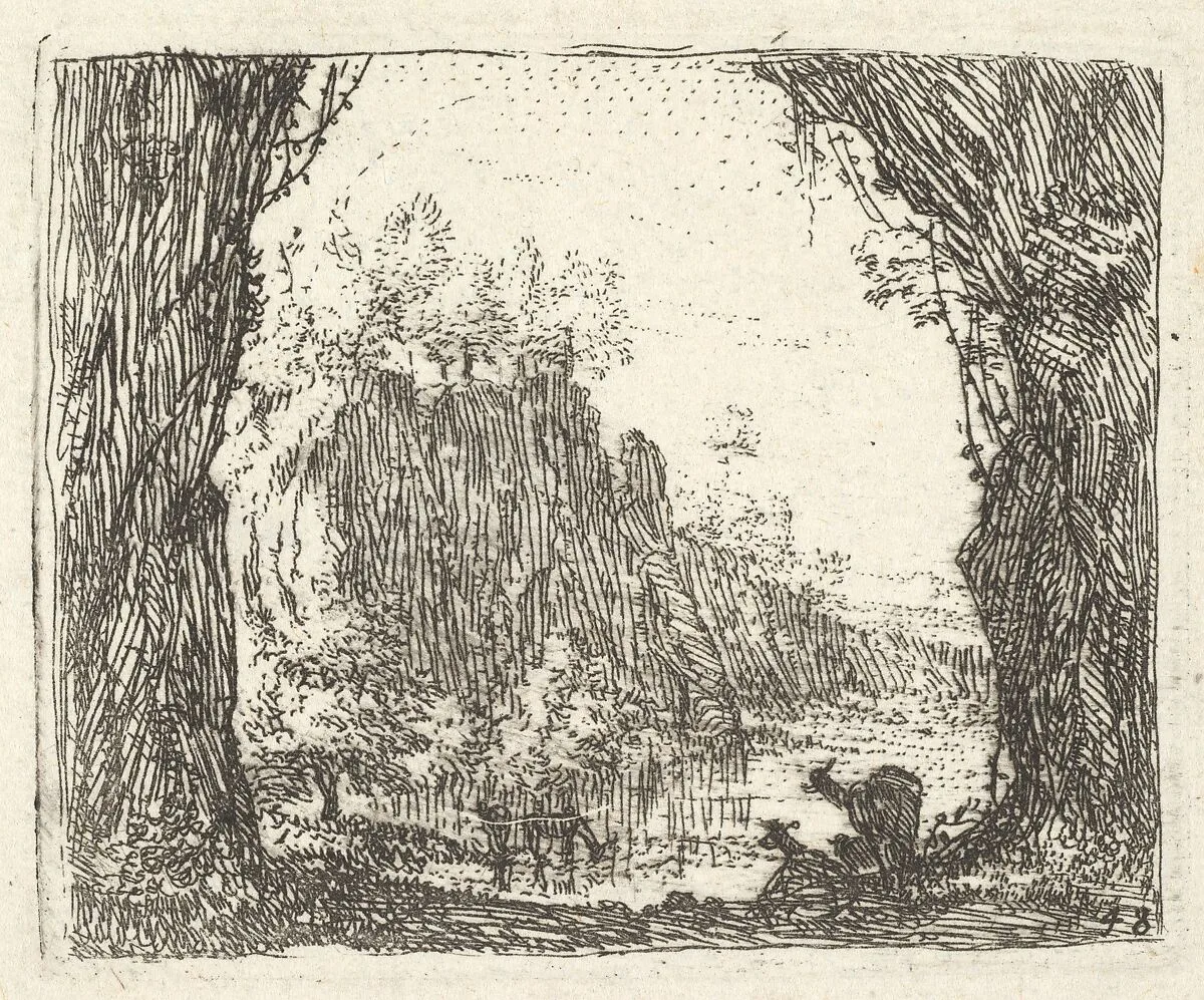 Landscape flanked by trees in the left and right foreground, silhouettes of two goats, a river with cliffs beyond, from 'The Small Landscapes' — Karel Dujardin
