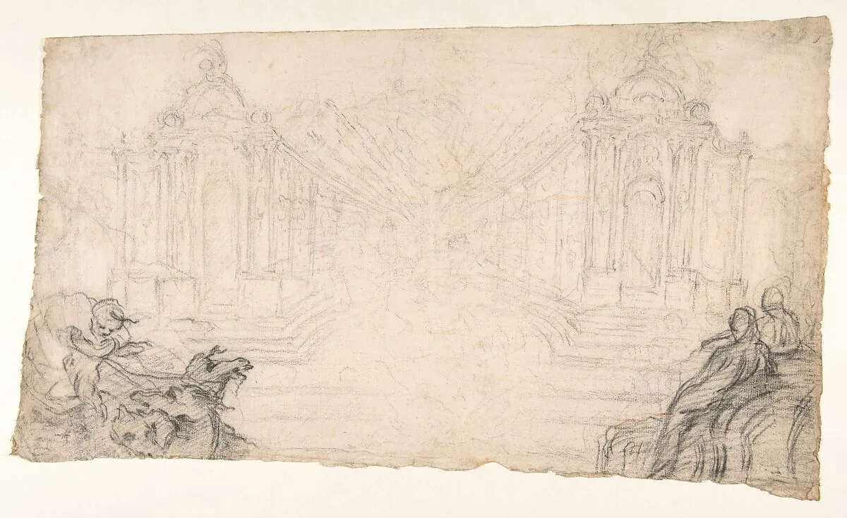 Design for a Festival Display of Fireworks (recto); Small Figures by a different hand (verso) — Laurent Hubert|Juste Aurèle Meissonnier