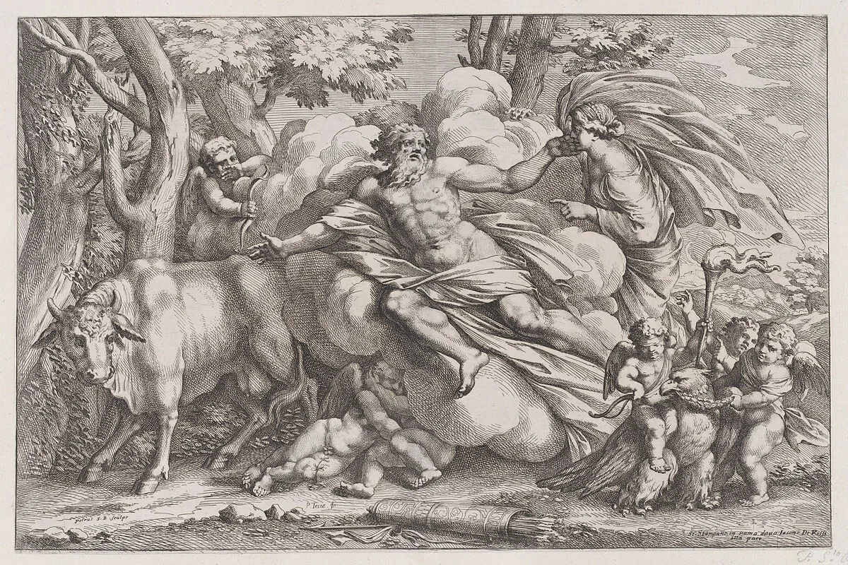 Io at the left as a cow, Jupiter on a cloud in the centre and Juno at the right with putti holding an eagle captive in the lower right — Pietro Testa|Pietro Santi Bartoli