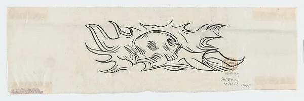 A skull in flames, illustration for 'El Sombrerón' — Alfredo Zalce