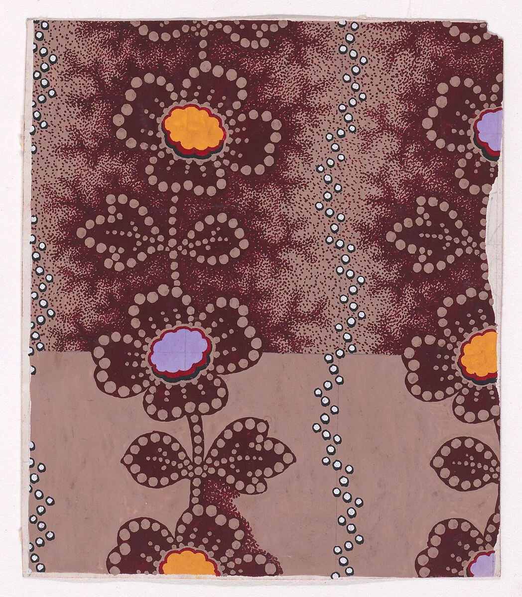 Textile Design with Undulating Garlands of Stylized Flowers and Leaves Separated by Undulating Zig-Zagging Strips of Pearls — Anonymous, Alsatian, 19th century