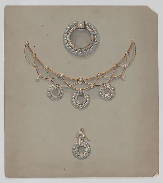 Design for a Gold, Diamond, and Pearl Demi-Parure of Earrings, Brooch, and Necklace in a Scrapbook with Jewelry Designs in Watercolor and Gouache — Unknown