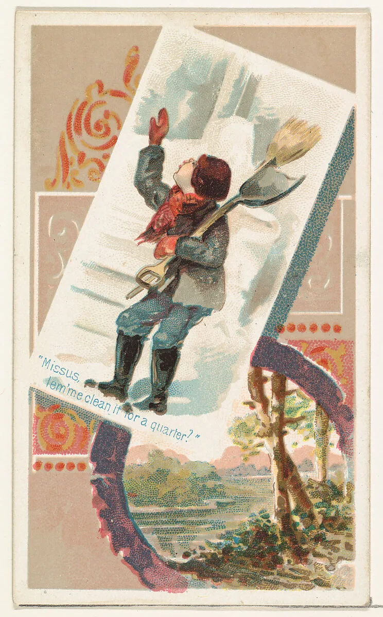 "Missus, lem'me clean it for a quarter?," from the Terrors of America set (N136) issued by Duke Sons & Co. to promote Honest Long Cut Tobacco — Knapp & Company|W. Duke, Sons & Co.