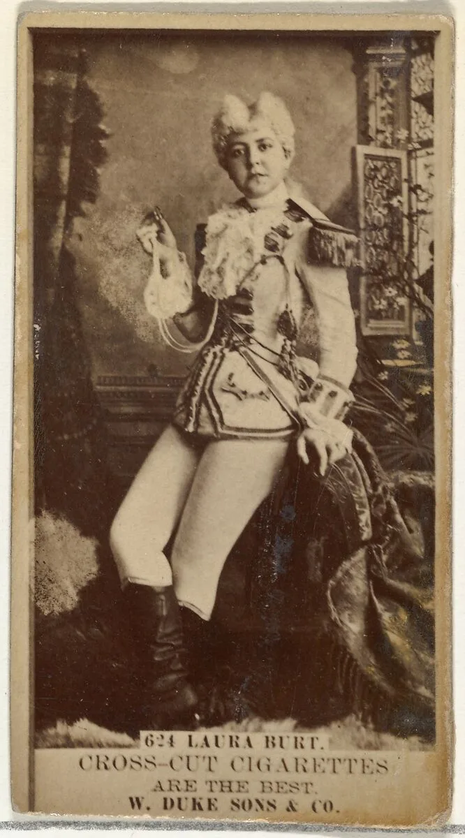 Card Number 624, Laura Burt, from the Actors and Actresses series (N145-3) issued by Duke Sons & Co. to promote Cross Cut Cigarettes — W. Duke, Sons & Co.