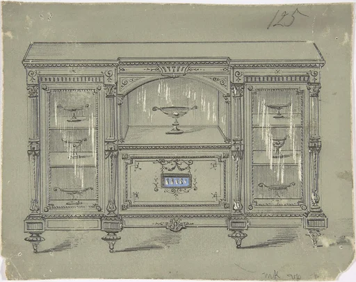 Design for a Cabinet with Three Glass Doors and a Porcelain Plaque