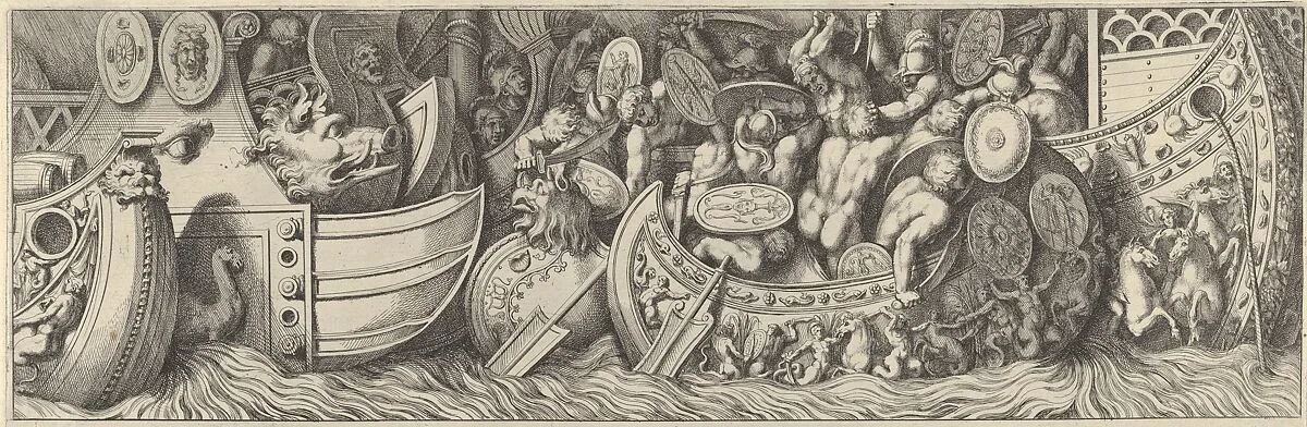 Plate 7: a battle taking place between men in boats — Pietro Santi Bartoli|Polidoro da Caravaggio|Giovanni Giacomo De Rossi