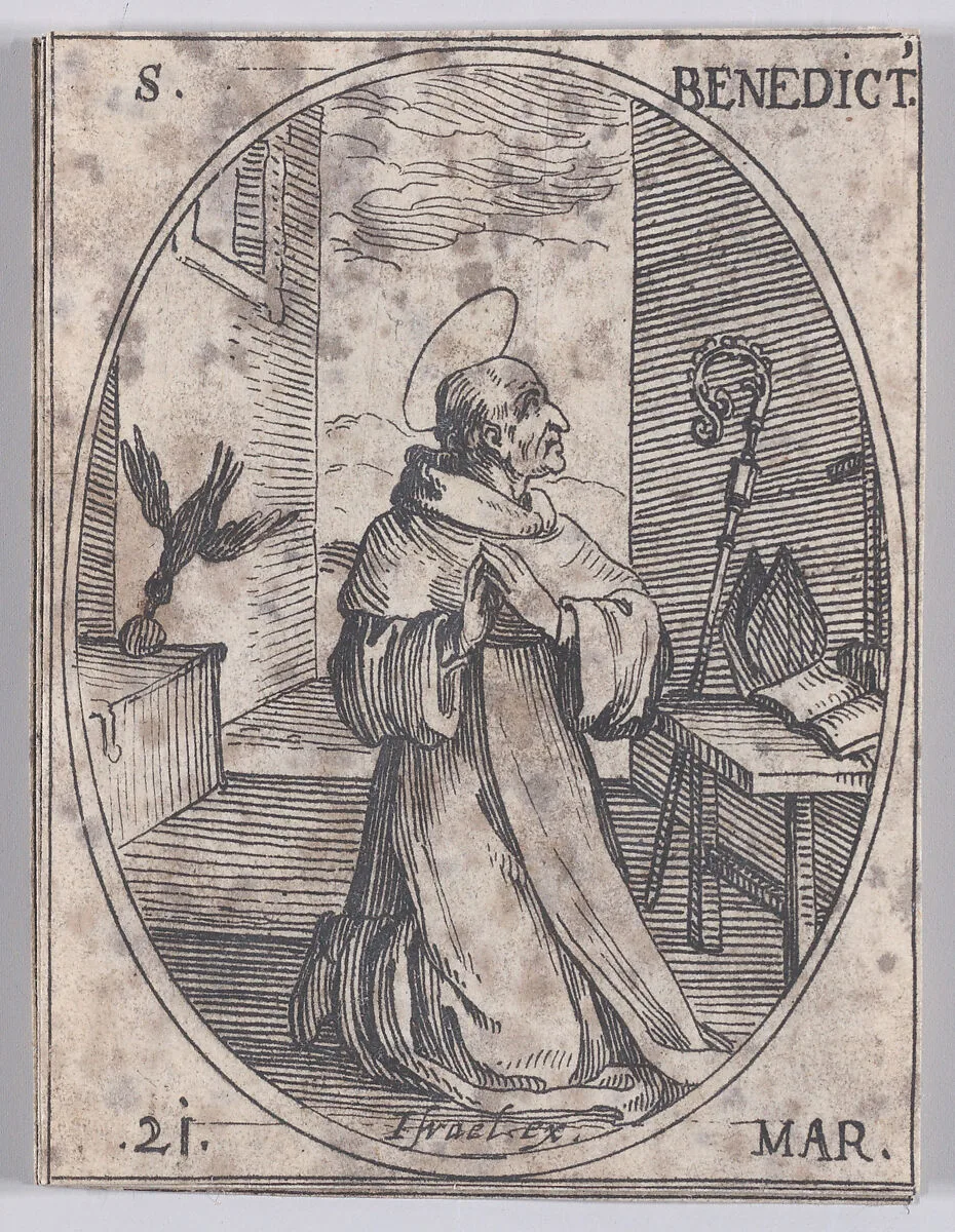 S. Benoit (St. Benedict), March 21st, from "Les Images De Tous Les Saincts et Saintes de L'Année" (Images of All of the Saints and Religious Events of the Year) — Jacques Callot|Israël Henriet