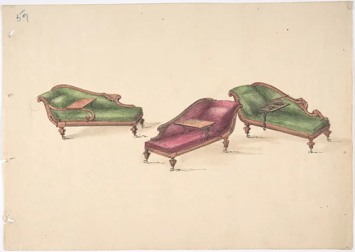 Design for Three Reclined Reading Sofas with Trays, on Casters, Upholstered in Green and Red — Anonymous, British, 19th century