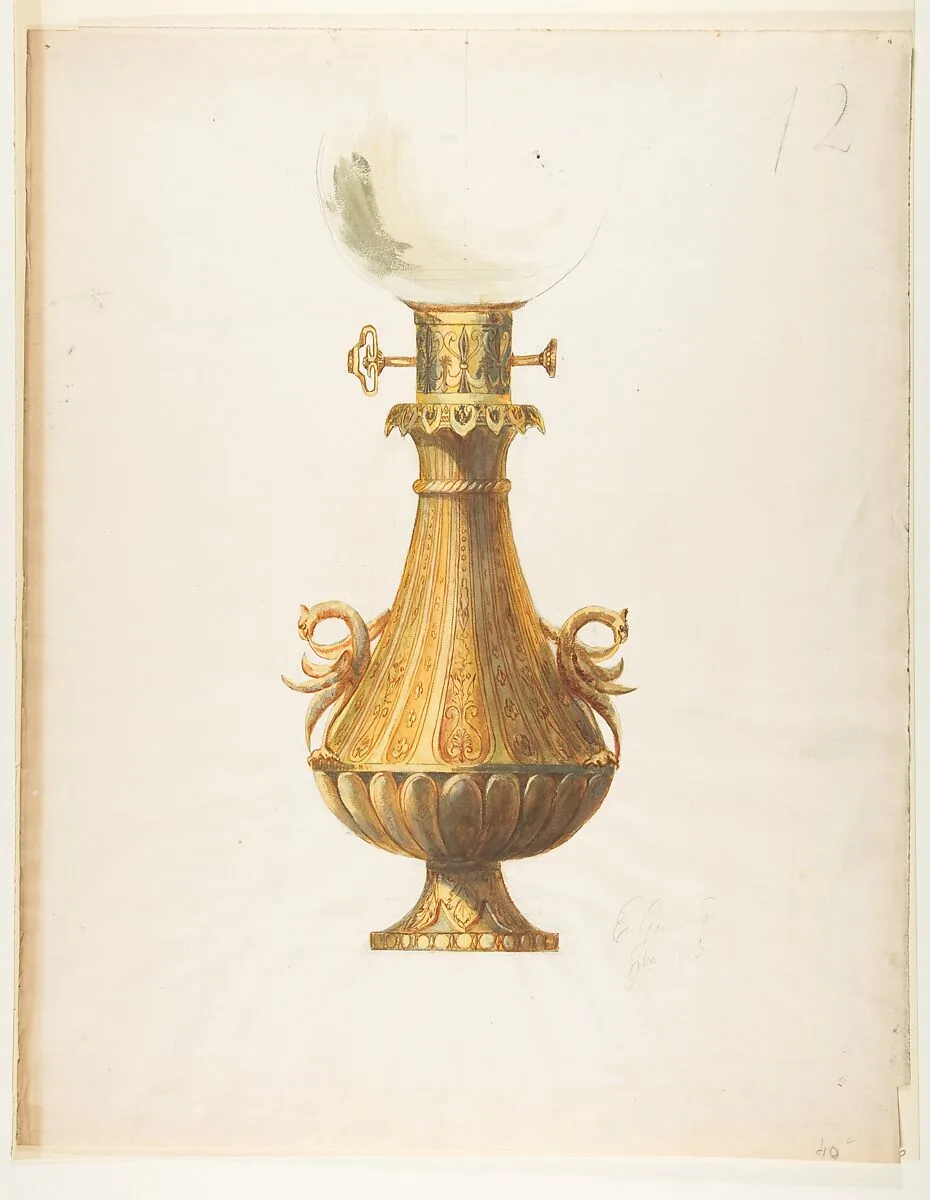 Design for a Gas Lamp with Gilt Base and Glass Globe — Guérard