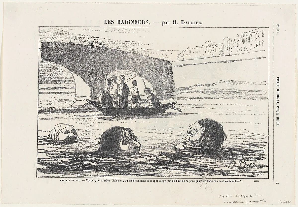 In the middle of the river: Come on, Balochet, give it a push!... You mustn't forget that some forty Parisians are watching us from the bridge up there!, from 'The bathers,' published in Le Petit Journal pour Rire, July 30, 1864 — Honoré Daumier