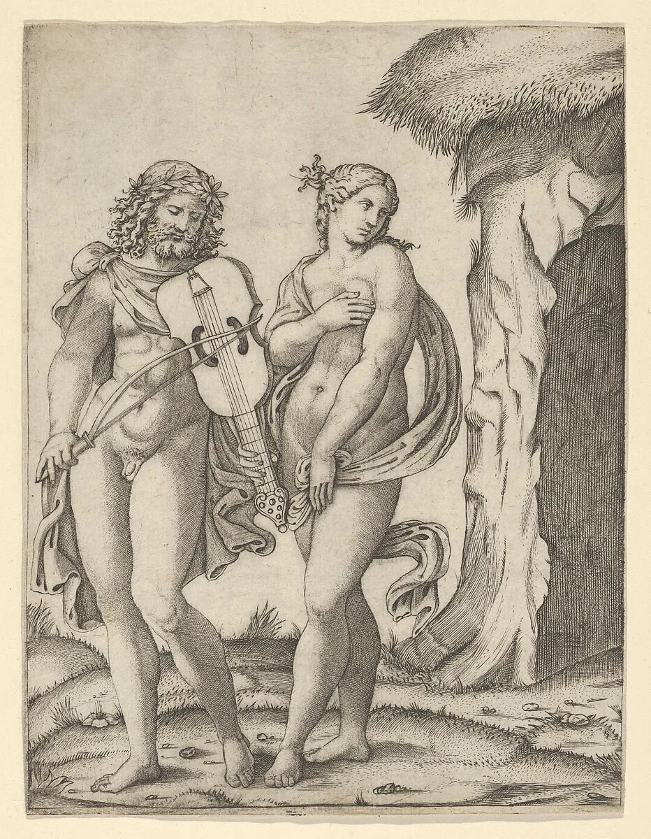 Orpheus standing at left playing the violin, Eurydice at right covering herself — Marcantonio Raimondi|Raphael (Raffaello Sanzio or Santi)
