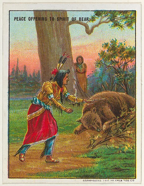 Peace Offering to Spirit of Bear, from the "Indian Life in the 60's" series (T73), issued with Hassan Cork Tip Cigarettes by the American Tobacco Company — American Tobacco Company
