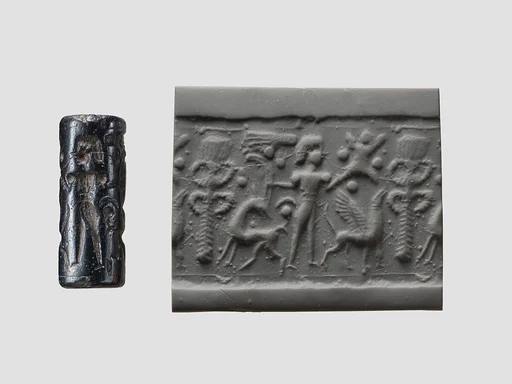 Cylinder seal and modern impression: palmette tree flanked by winged griffin and caprid; figure between them with raised hands; ingot