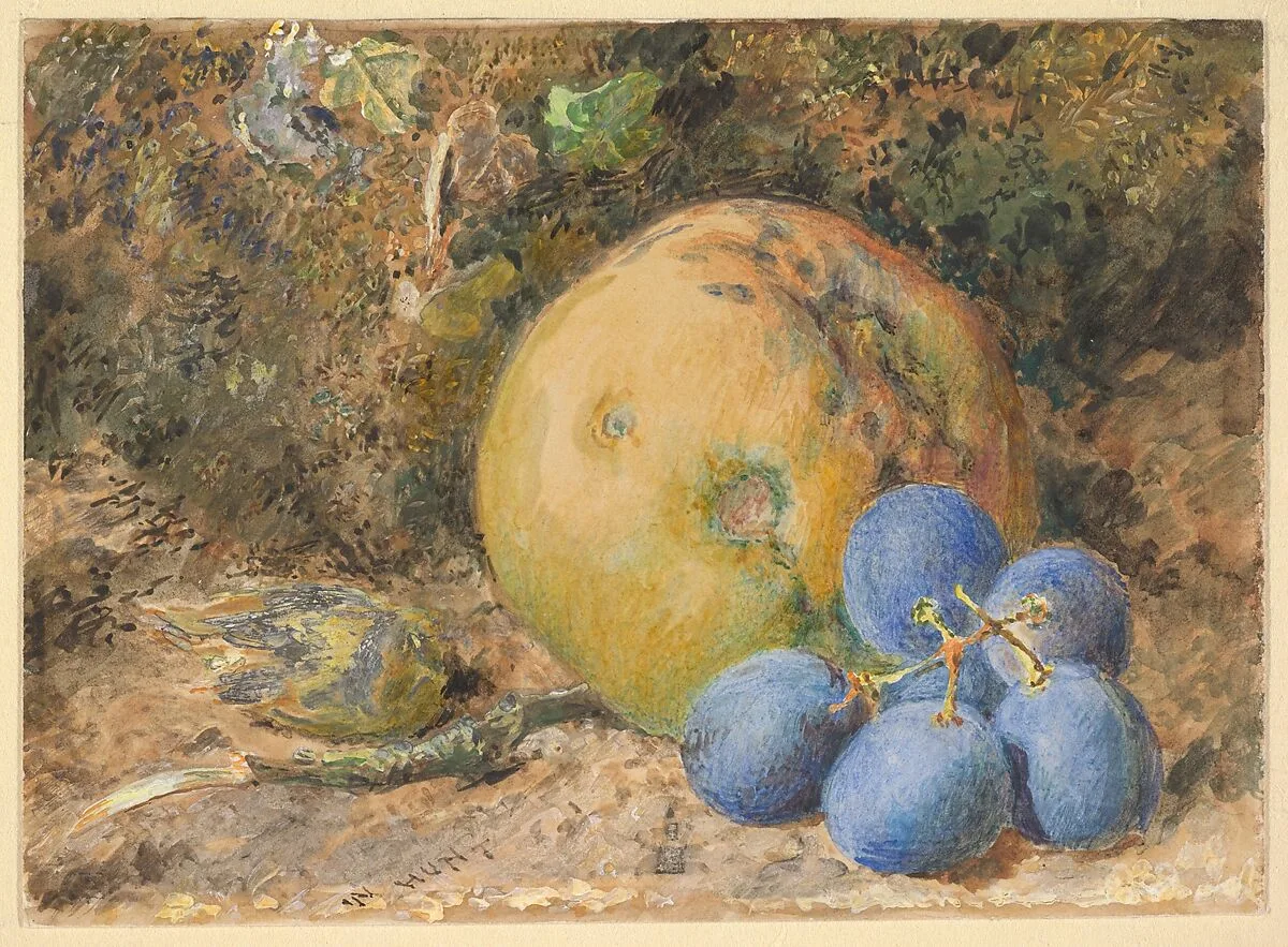 An Apple, Grapes and a Hazelnut on a Mossy Bank — William Henry Hunt