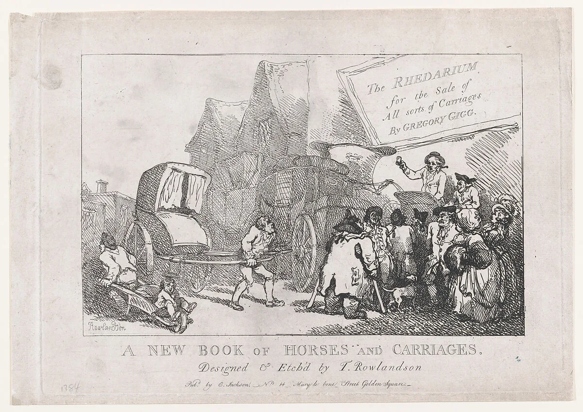 Title Page: A New Book of Horses and Carriages,or, The Rhedarium for the Sale of All Sorts of Carriages, by Geoffrey Gigg — Elizabeth Jackson|Thomas Rowlandson