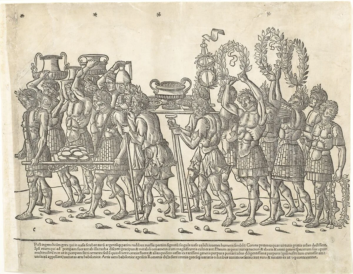 Figures bearing trophies and and carrying wreaths, from 'The Triumph of Caesar' — Jacob of Strasbourg|Benedetto Bordone