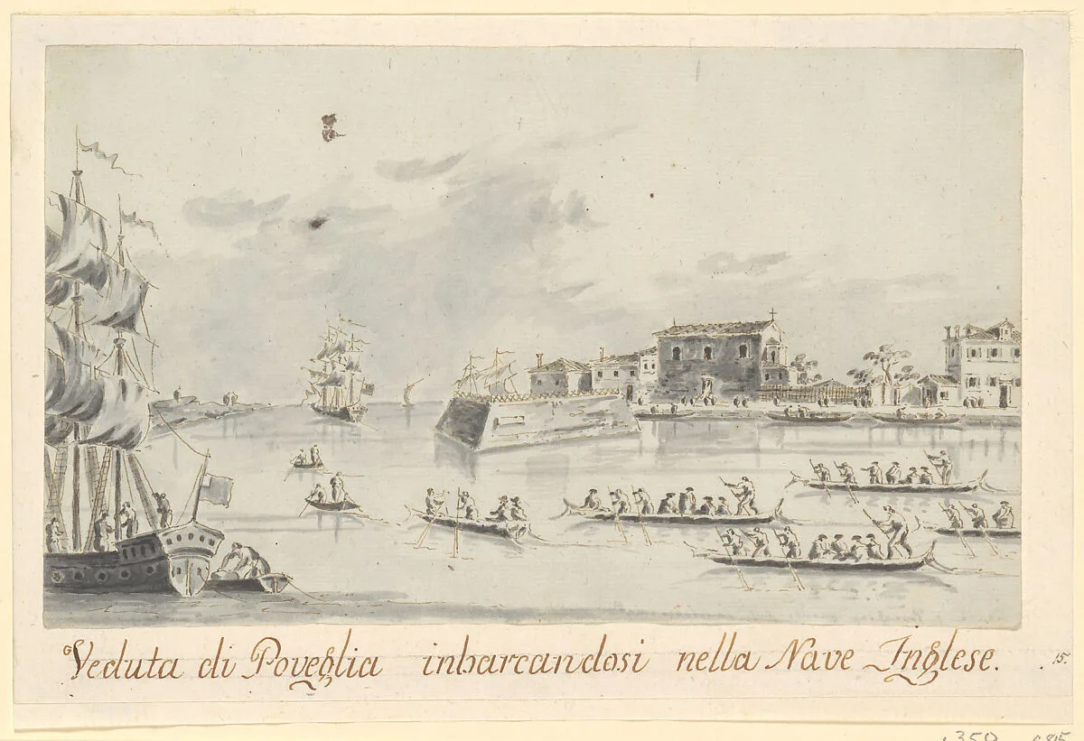 The Island of Povegila, with British Naval Officers Embarking — Giacomo Guardi