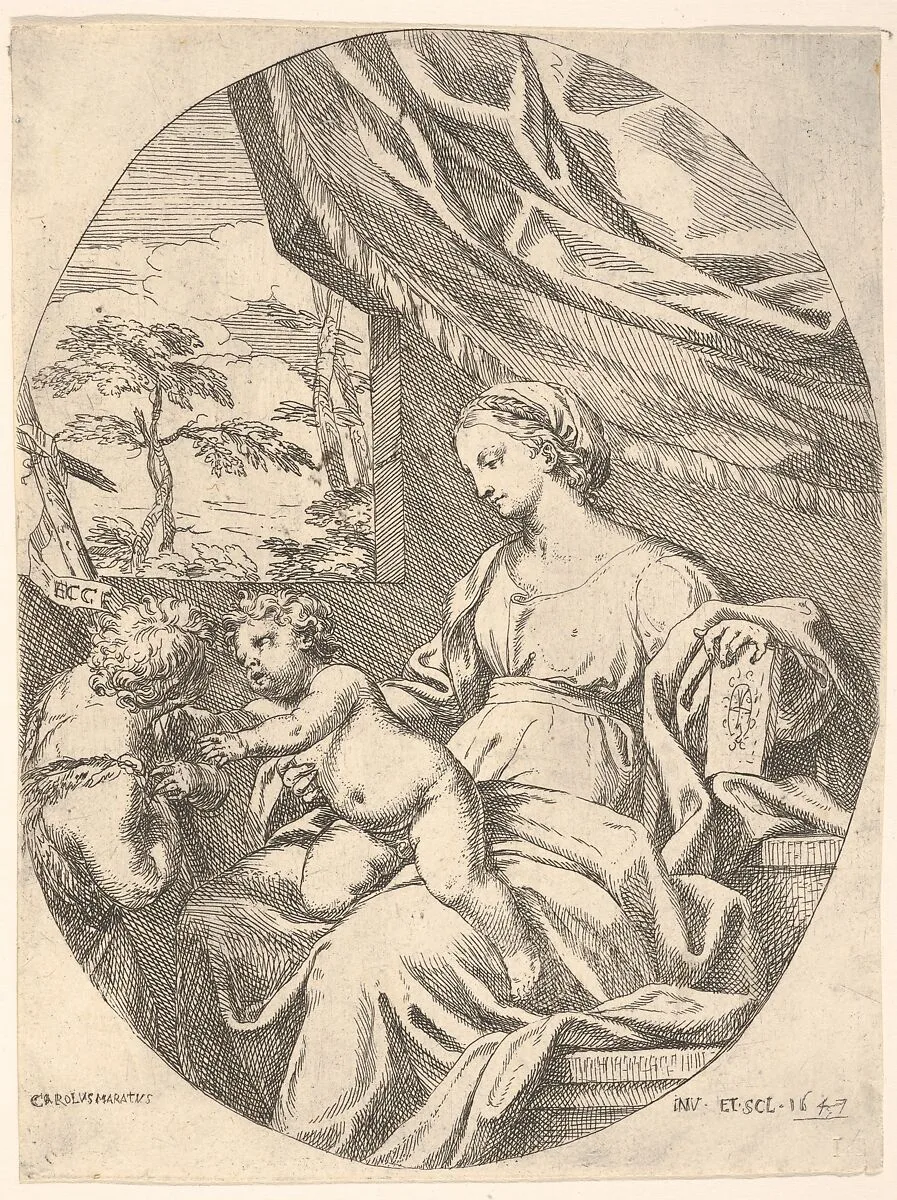 Seated Virgin and Child with Saint John the Baptist, a book rests under the Virgin's proper left hand, the Christ Child reaches toward Saint John, a wall and curtain dividing the figures from landscape beyond — Carlo Maratti