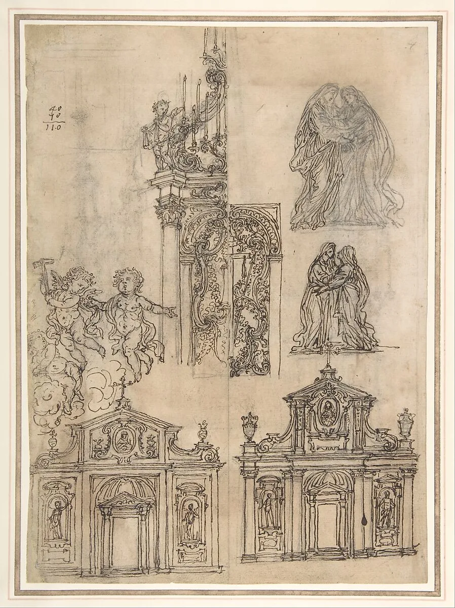 A Sheet of Studies with Architectural Motifs and Two Sketches for a Visitation (Recto). Sketch for a Funerary Monument (Verso) — Giovanni Battista Foggini