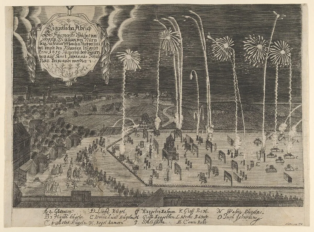 A faithful representation of the fireworks display presented by Johann Müller as proof of his Mastership, Johannis Schiessplatz, Nuremberg, 1659 — Anonymous