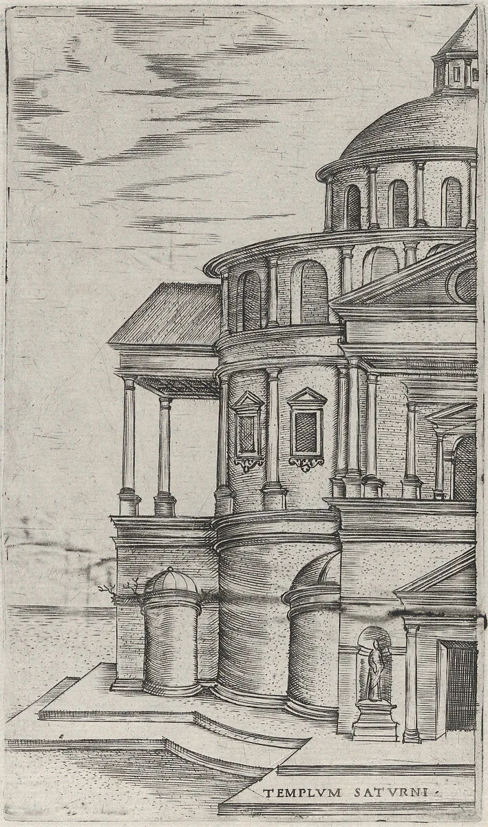 Templum Saturni, from a Series of 24 Depicting (Reconstructed) Buildings from Roman Antiquity — Anonymous, Italian, 16th century|Monogrammist G.A. & the Caltrop