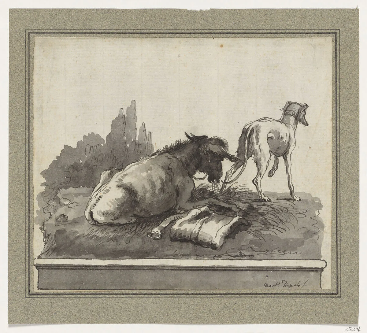 A Donkey Lying on the Grass, with an Italian Greyhound (on a Base) — Giovanni Domenico Tiepolo