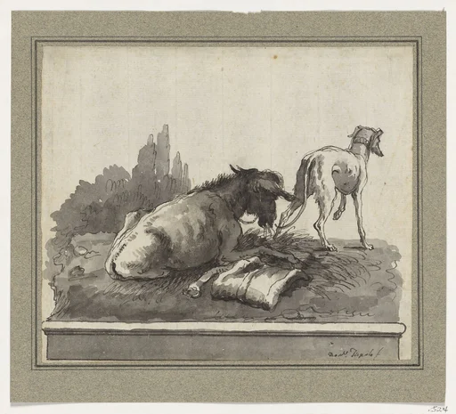 A Donkey Lying on the Grass, with an Italian Greyhound (on a Base)