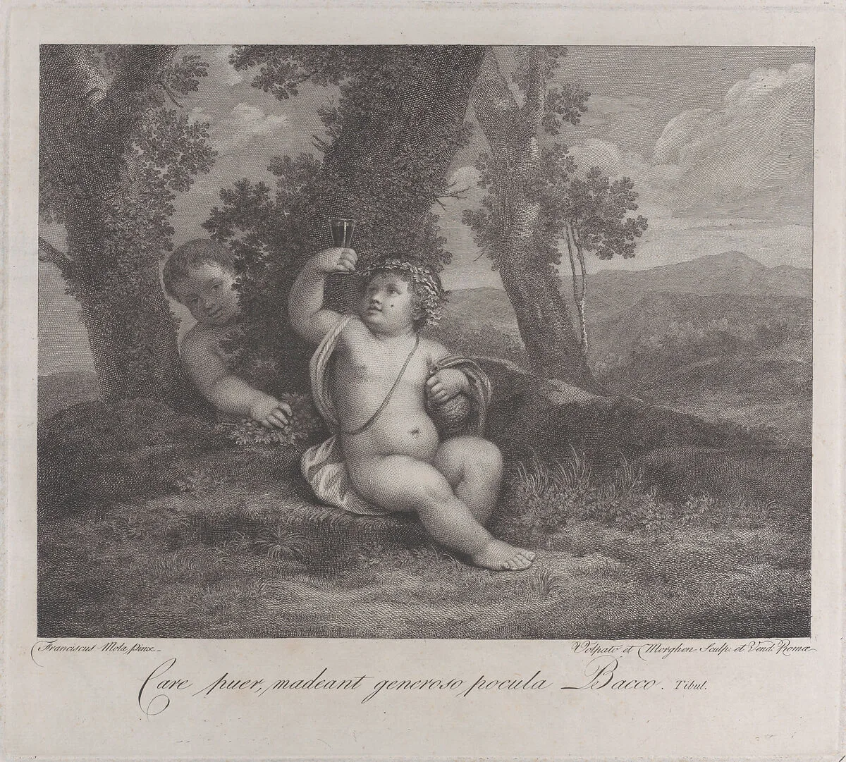 The infant Bacchus seated under a tree, holding up a wine glass, with another infant behind him at left — Giovanni Volpato|Pier Francesco Mola|Raphael Morghen