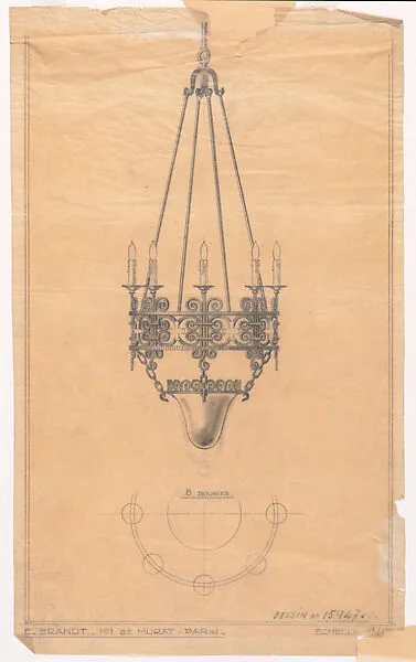 Elevation and Plan for a Chandelier with Eight (Electric?) Candles (No.15947.A) — Edgar Brandt