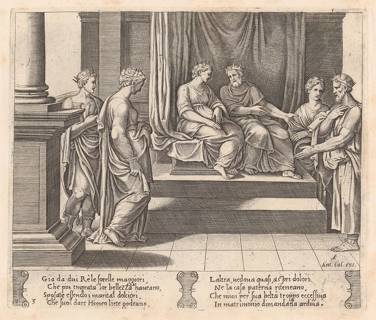 Plate 3: Psyche's two sisters are married to kings, with Psyche standing at left, accompanied by another king, from "The Story of Cupid and Psyche as told by Apuleius" — Master of the Die|Antonio Salamanca|Michiel Coxie (I)