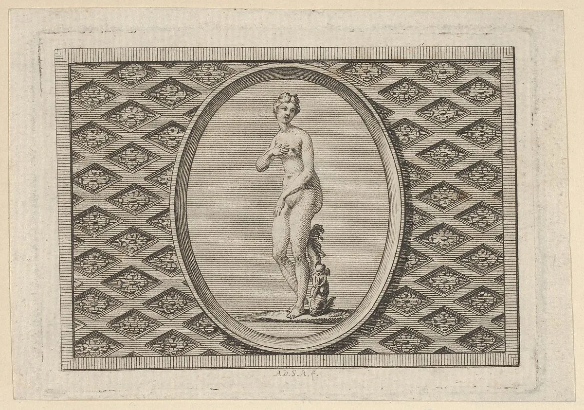 Fleuron on the Title Page, from Dissertation sur les attributs de Vénus qui a obtenu l'Accessit au judgement de l'Académie Royale des Inscriptions et Belles-Lettres à la séance ublique du mois de Novembre 1775. Par M. L'Abbé de La Chau, biliothécaire, secrétaire Interprète et Garde du Cabinet des Pierres gravées de S. A. S. M.gr le Duc d'Orléans. A Paris. de l'Imprimerie de Prault. Imprimeur du Roi quai Gêvres. et se trouve chez Pissot Libraire ru Hurepoix — Augustin de Saint-Aubin|Pissot|l'Imprimerie de Prault|M. l'Abbe de la Chau