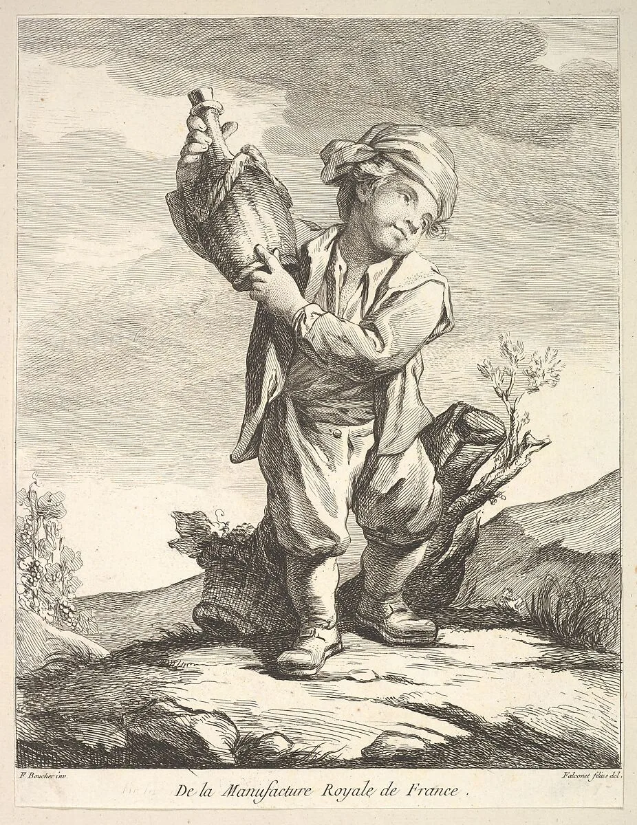 Little boy holding a vessel, from "Premier Livre de Figures d'après les porcelaines de la Manufacture Royale de France, inventées en 1757, par Mr. Boucher" (First Book of Figures after porcelains from the Manufacture Royale de France, devised in 1757, by Mr. Boucher) — François Boucher|Pierre Etienne Falconet