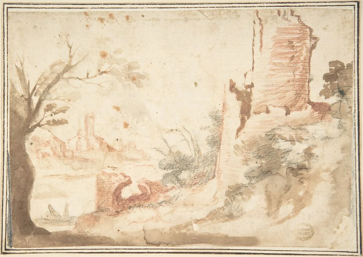 Landscape with Ruined Tower — Anonymous, Italian, Roman-Bolognese, 17th century