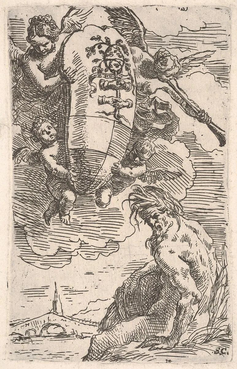 Allegory of the Foglia River and the city of Pesaro's coat of arms, frontispiece for 'Il Pesarese' — Simone Cantarini