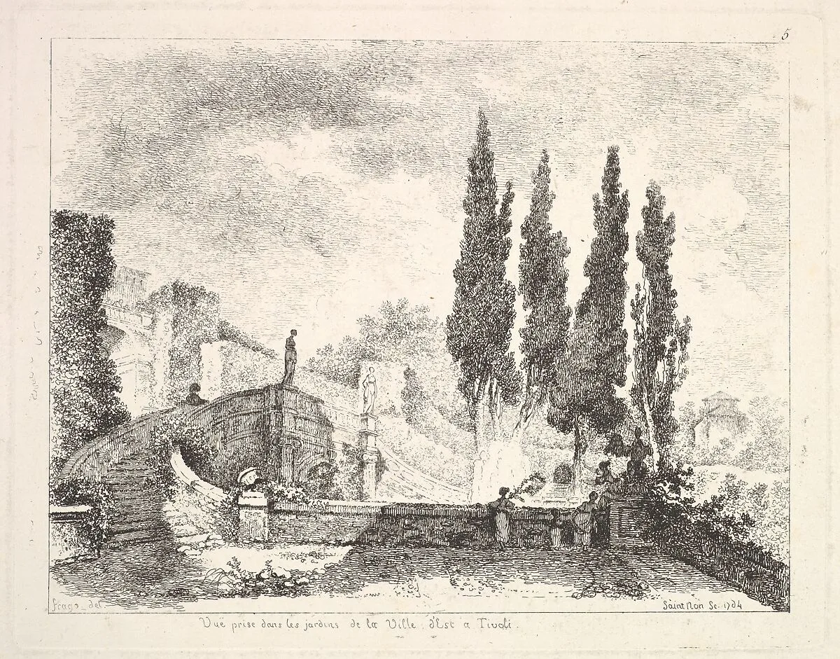 View of the gardens at the Villa d'Este in Tivoli, cyprus trees to right, a staircase leading to the villa at left, two statues at center of the staircase, three figures in the garden at right — Jean Honoré Fragonard|Jean Claude Richard, Abbé de Saint-Non