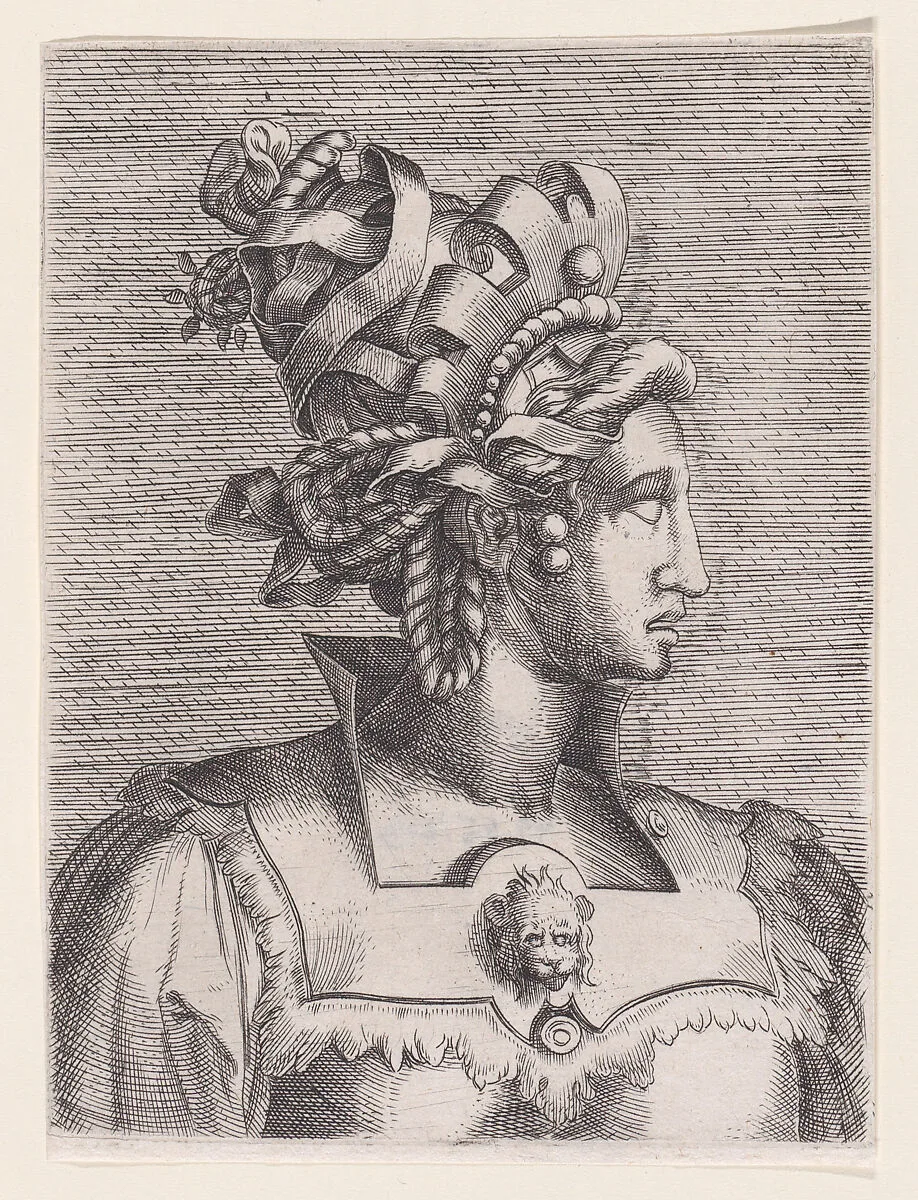 Bust of a Woman Wearing a Fantastic Head-dress and Mask — Rosso Fiorentino|René Boyvin