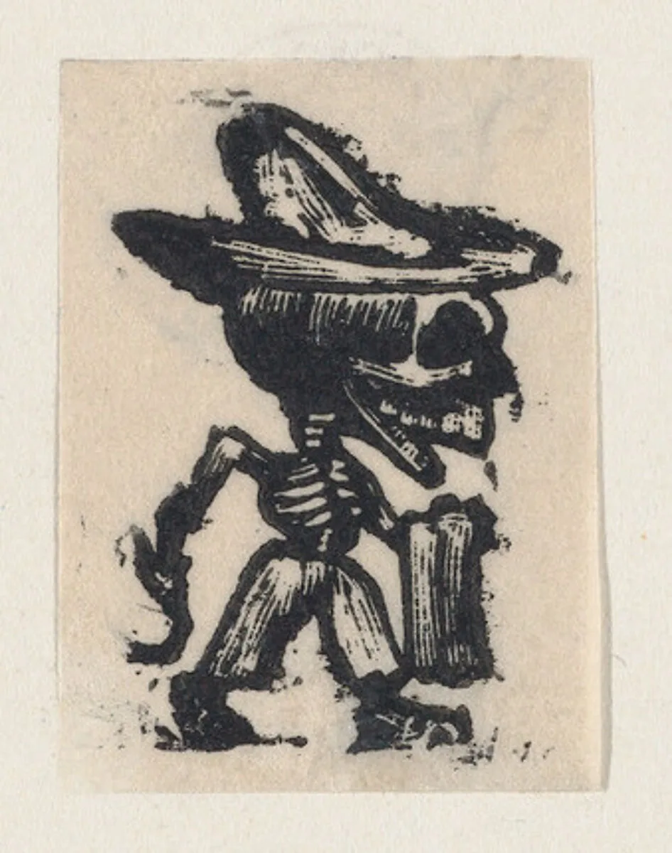 Skeleton wearing a hat and carrying a towel — José Guadalupe Posada