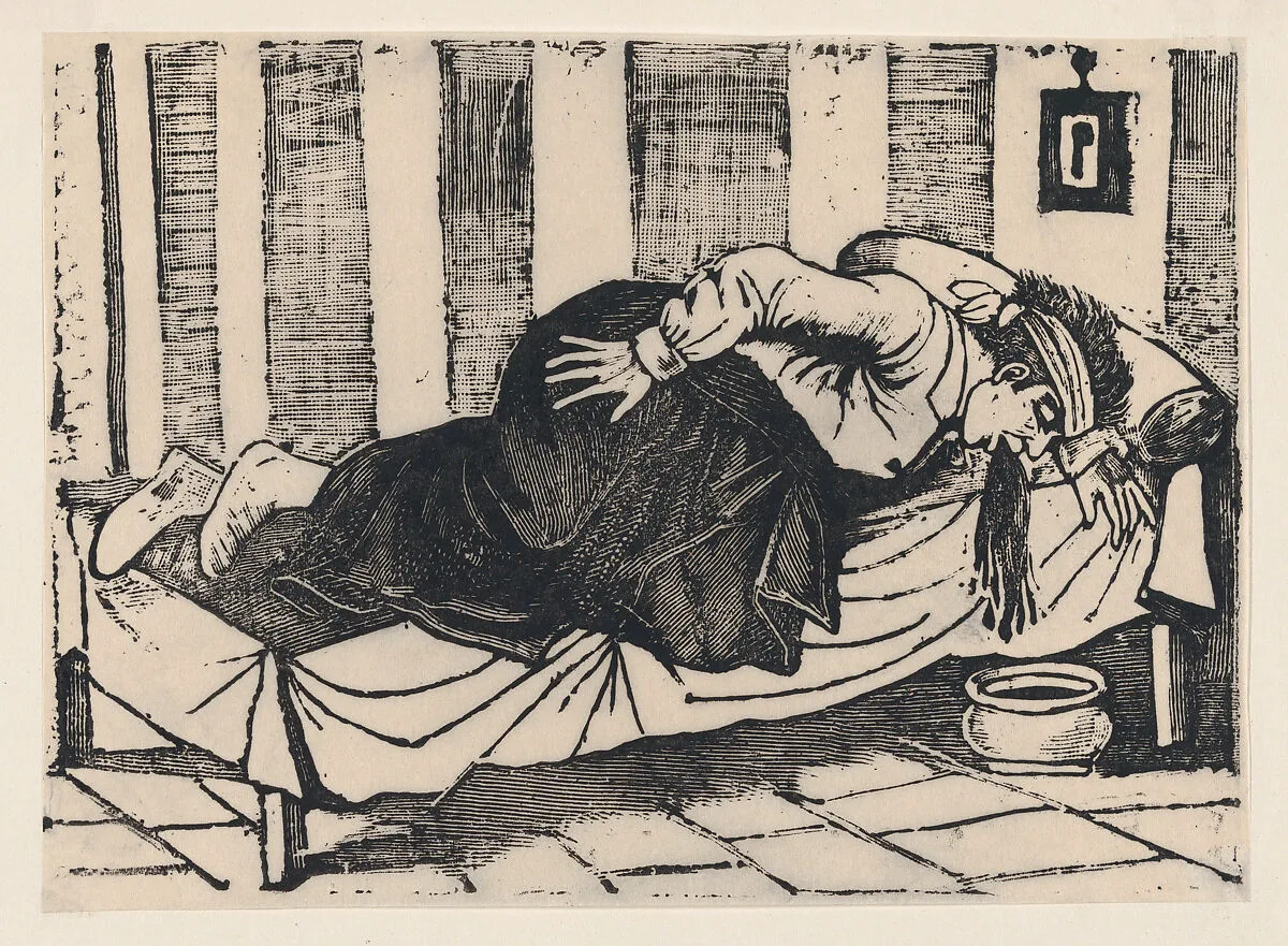 A man leaning over the side of a bed vomiting, from a broadside entitled 'Death of Aurelio Caballero due to yellow fever in Veracruz' — José Guadalupe Posada