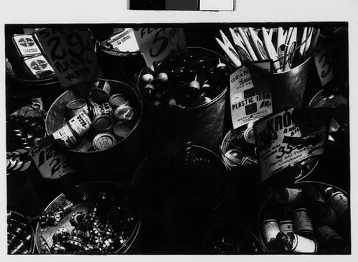 [Two 35mm Film Frames: Hardware Store Display of Polishes and Finishes in Buckets, Brooklyn, New York]
