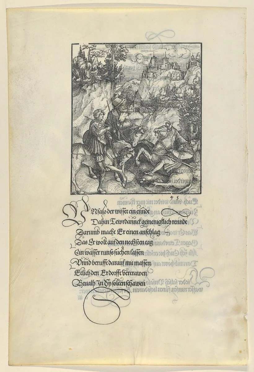 Unfalo Causing a Fall of Theuerdanck's Horse, from Theuerdanck — Hans Schäufelein|Melchior Pfintzing|Hans Schönsperger