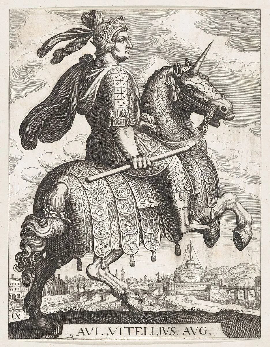 Plate 9: Emperor Vitellus on Horseback, from 'The First Twelve Roman Caesars' after Tempesta — Antonio Tempesta|Matthäus Merian the Elder