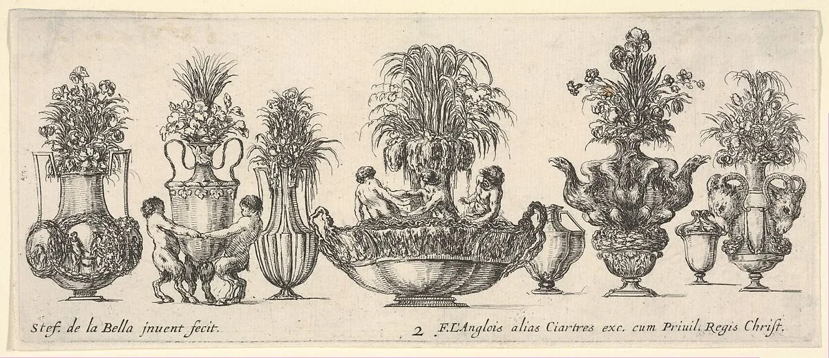 Eight vases, the largest one in the middle with three sculptures in the round of two nymphs and a triton, Plate 2 from: 'Collection of Various Vases' (Raccolta di Vasi Diversi) — Stefano della Bella|François Langlois