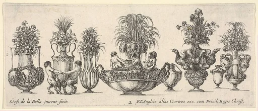 Eight vases, the largest one in the middle with three sculptures in the round of two nymphs and a triton, Plate 2 from: 'Collection of Various Vases' (Raccolta di Vasi Diversi)
